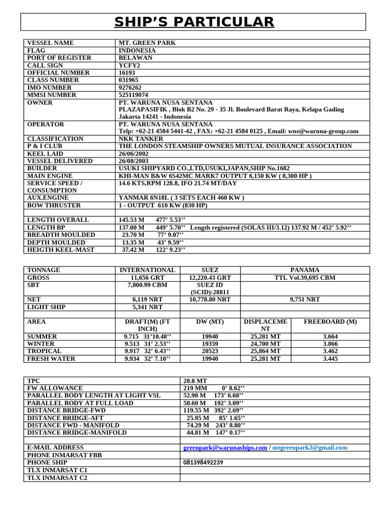 MT Green Park Ship Particulars | PDF | Ships | Watercraft