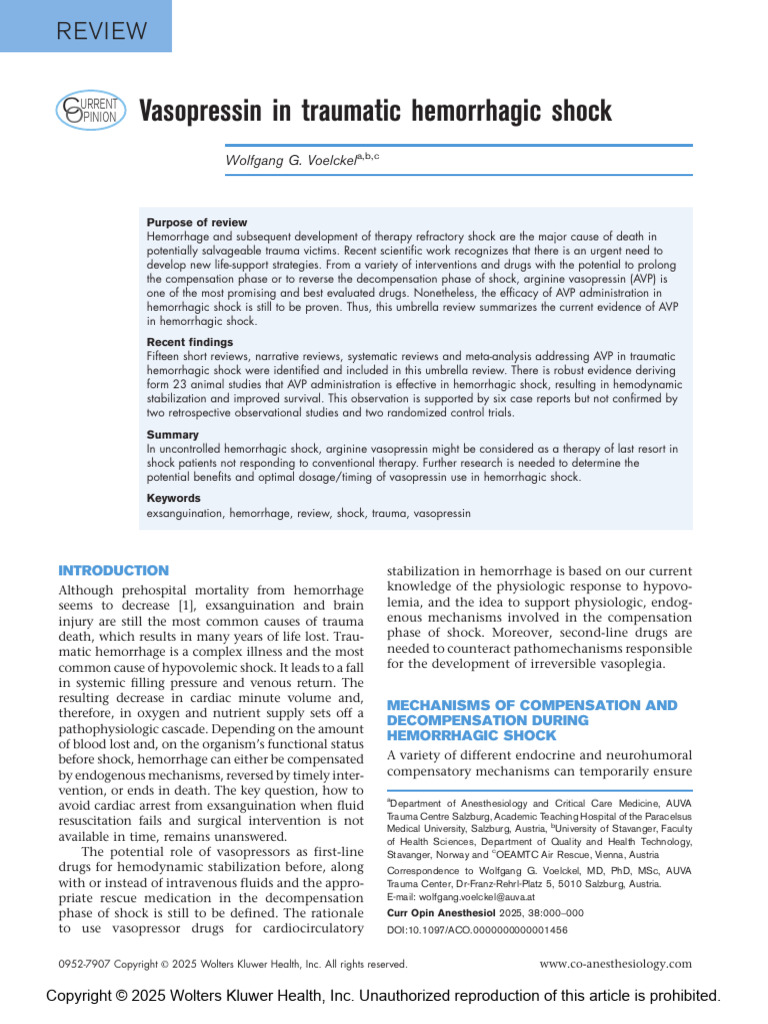 Vasopressin in Hemorrhagic Shock Review | PDF | Shock (Circulatory ...