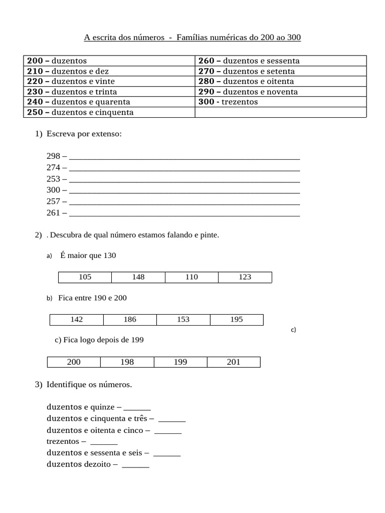 Números de 200 a 300 por Extenso | PDF