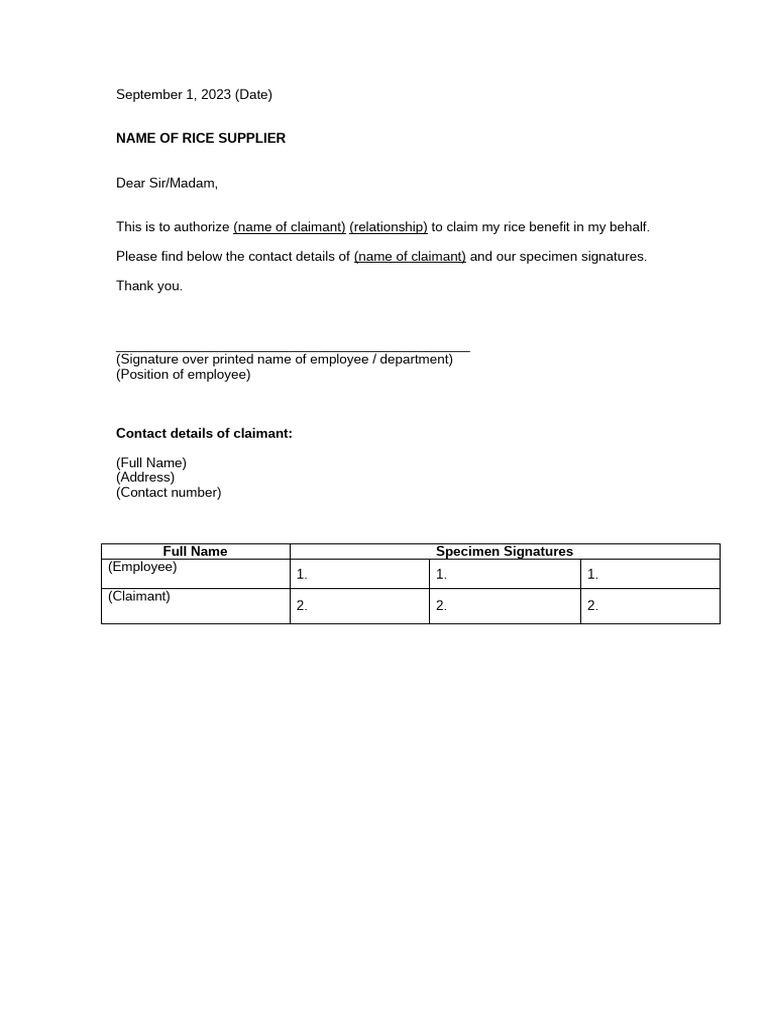 Authorization Letter for Rice Claim | PDF