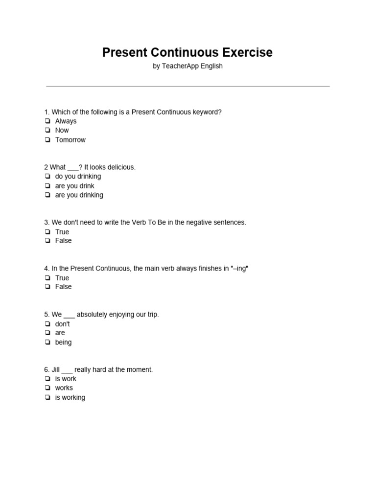 Present Continuous Grammar Quiz | PDF
