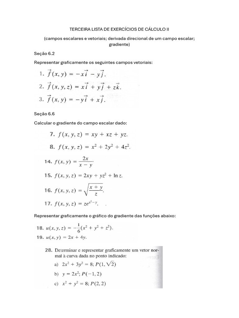 Exercícios de Cálculo II: Campos e Gradientes | PDF