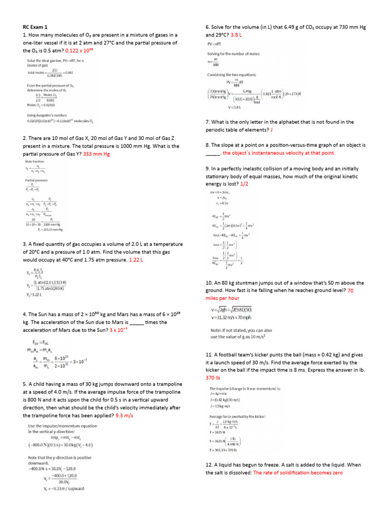 RC Exam Questions on Gas Laws and Physics | PDF | Gases | Force