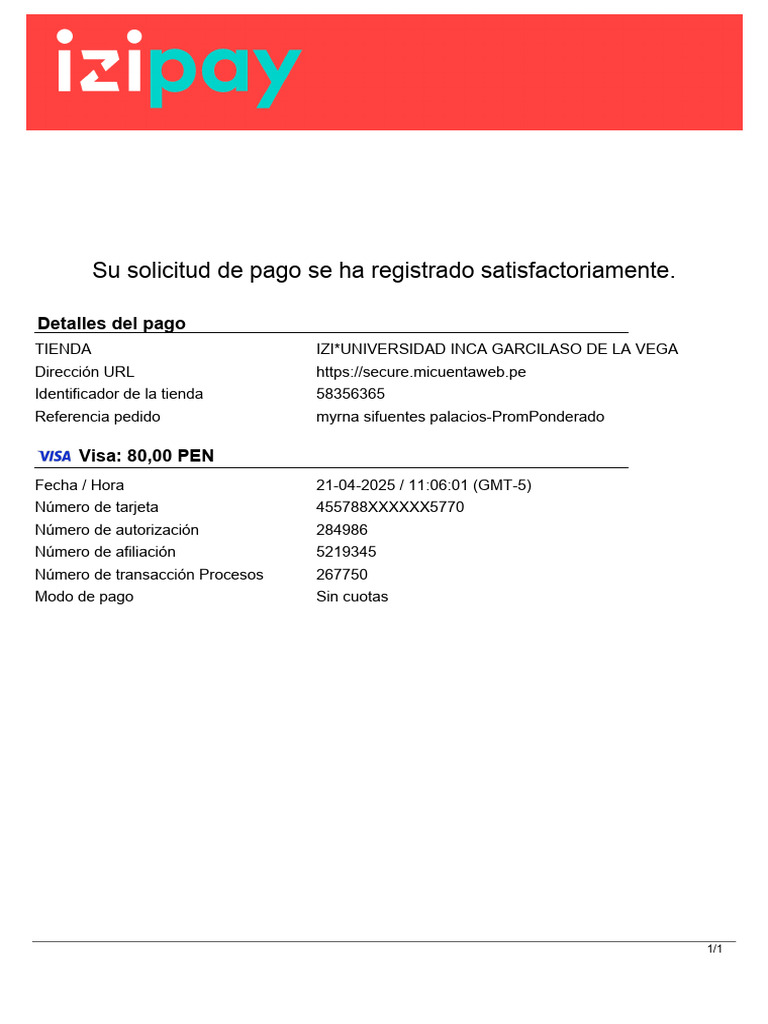 Confirmación de Pago IZI Universidad | PDF