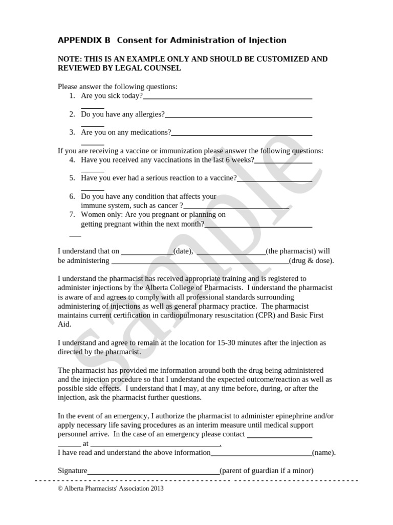 Injection Consent Form Template | PDF | Pharmacist | Injection (Medicine)