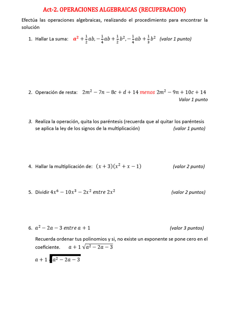 Act-2. Operaciones de Expresiones Algebraicas (Recuperacion) | PDF