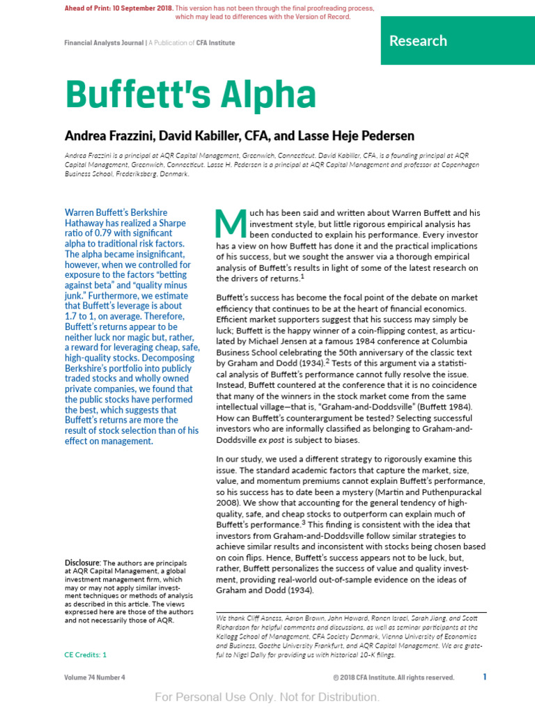 Buffett's Alpha: Andrea Frazzini, David Kabiller, CFA, and Lasse Heje ...