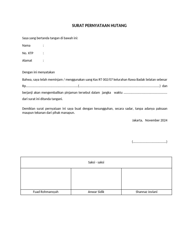 Contoh Surat Pernyataan Hutang | PDF