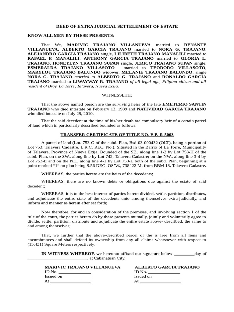 DEED OF EXTRA JUDICIAL SETTELEMENT OF ESTATE | PDF | Civil Law (Common ...
