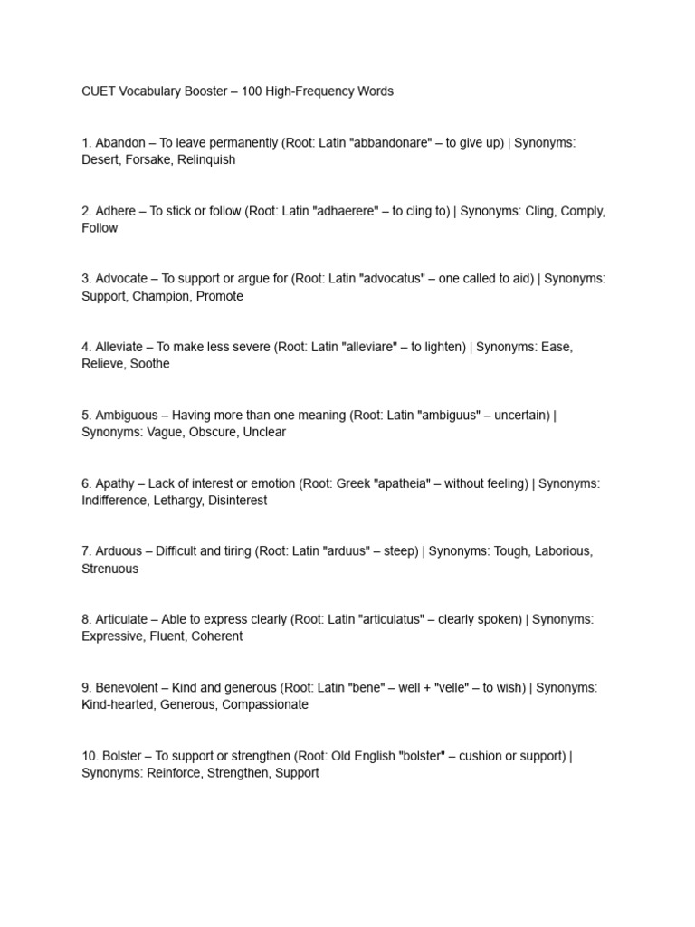 CUET Vocabulary Booster - 100 High-Frequency Words | PDF