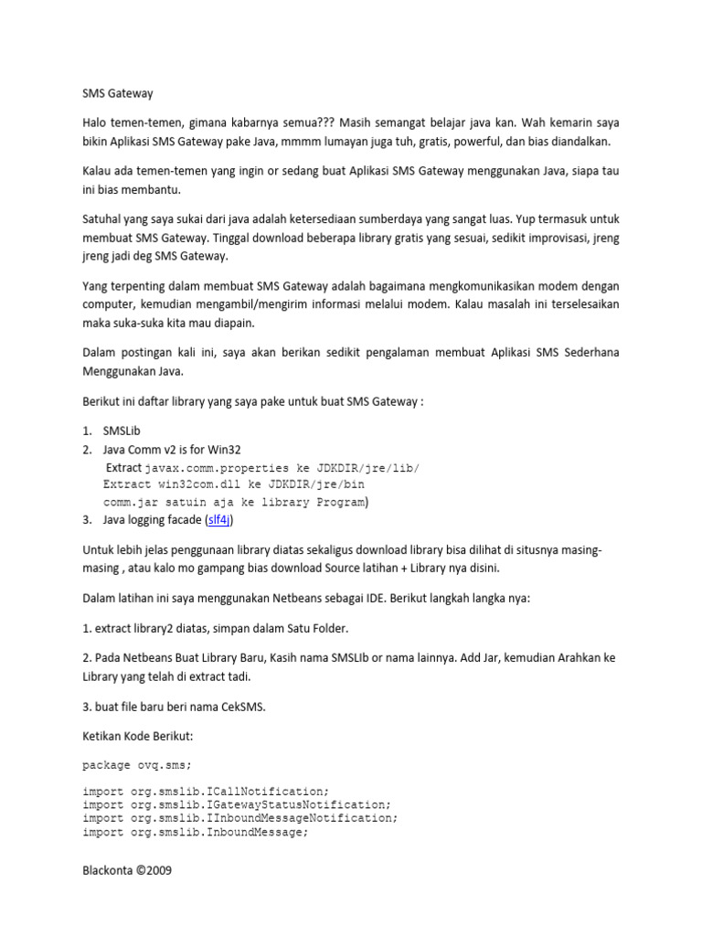 Aplikasi SMS Gateway Sederhana Java | PDF