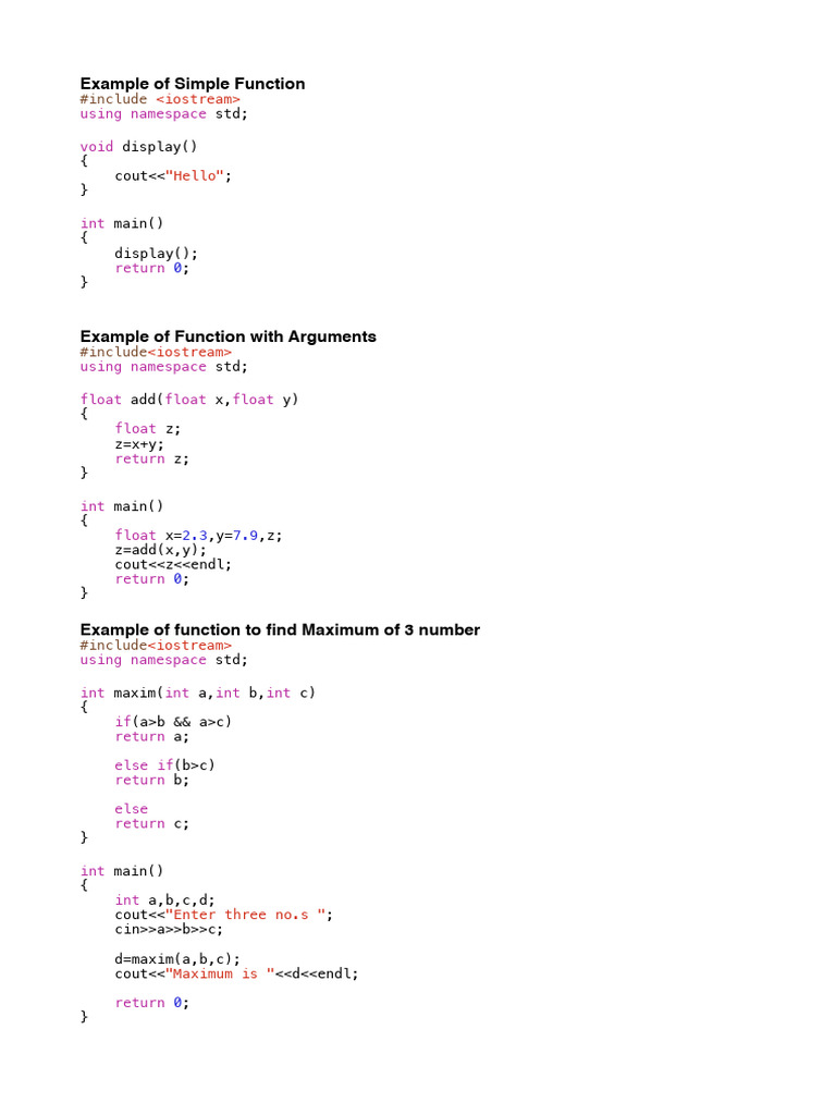 C++ Function Examples and Usage | PDF