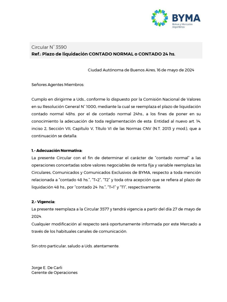 Bymaa Cir3590 Plazo de Liquidacion Contado Normal o Contado 24 Hs | PDF
