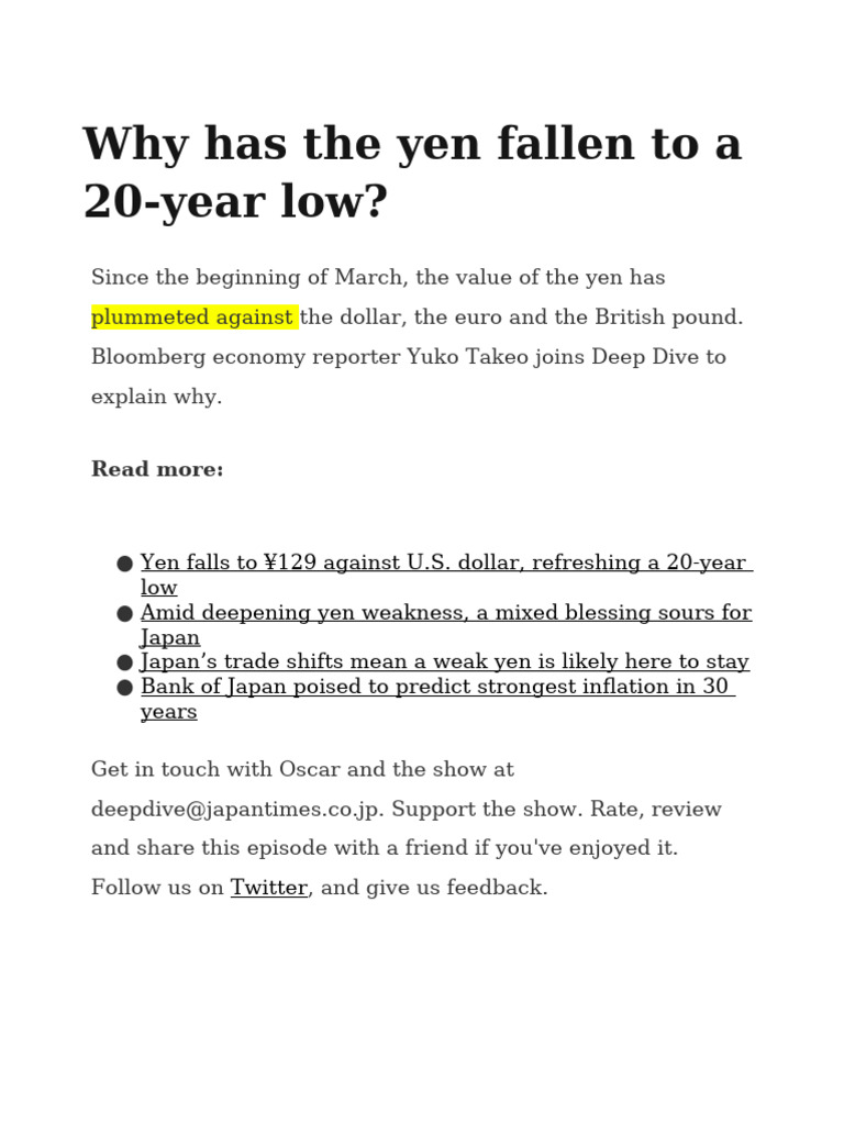 Why Has The Yen Fallen To A 20-Year Low | PDF | Japanese Yen | Inflation