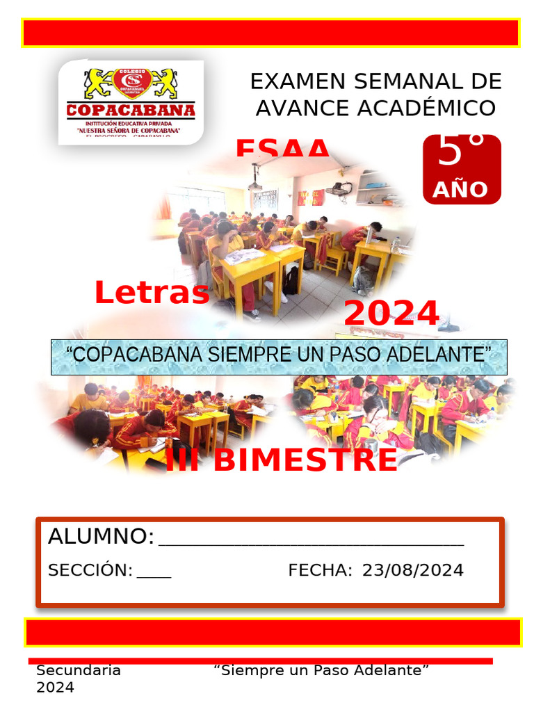 Examen Semanal 5to Año Letras 2024 | PDF