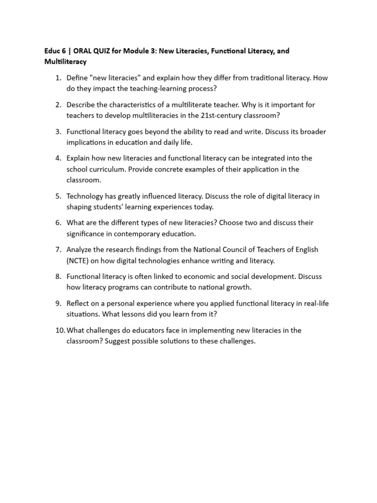 Oral Quiz Questions Modules 3 and 4 | PDF | Literacy | Curriculum