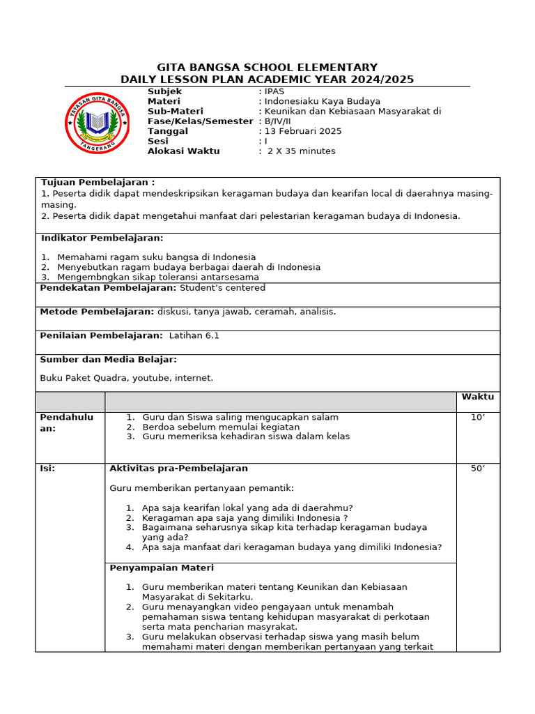 Contoh RPP Ipas Kelas 4 | PDF