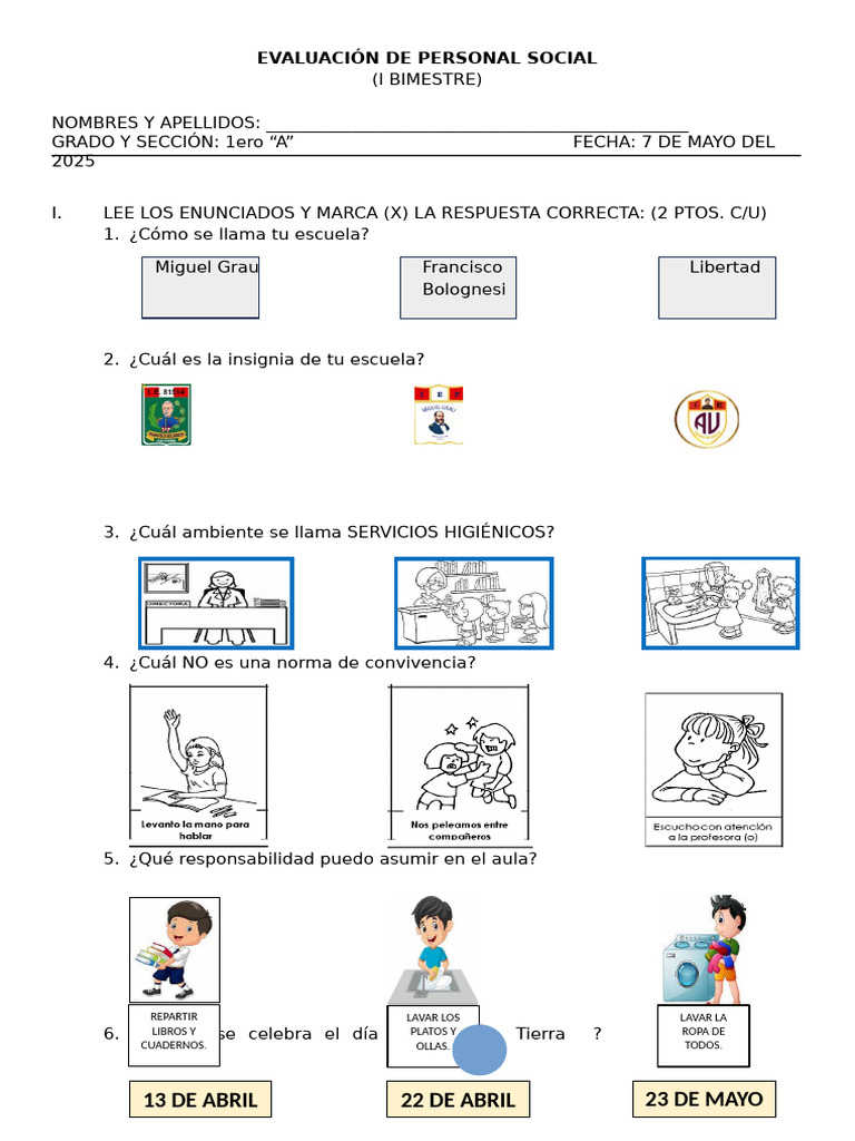 Evaluación de Personal Social 1er Grado | PDF