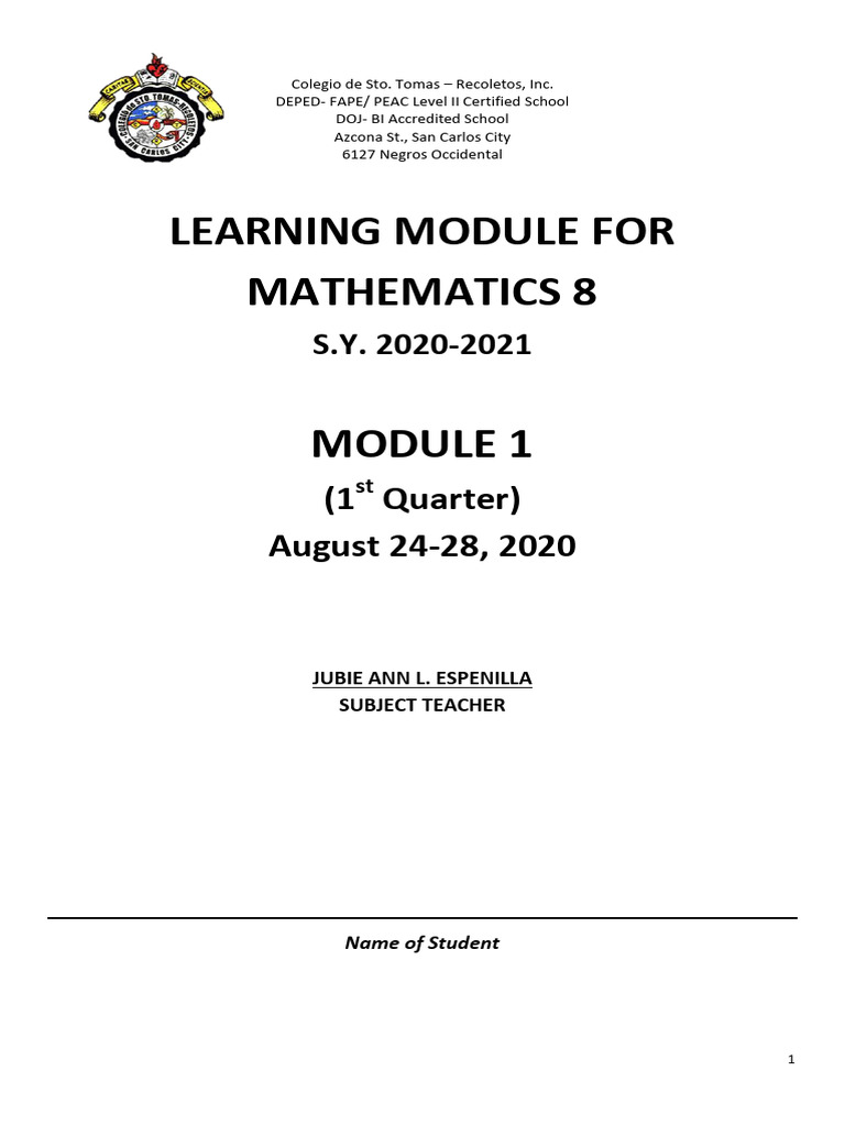 MATHEMATICS8 - QUARTER 1 MODULE 1 - Special Products | PDF ...