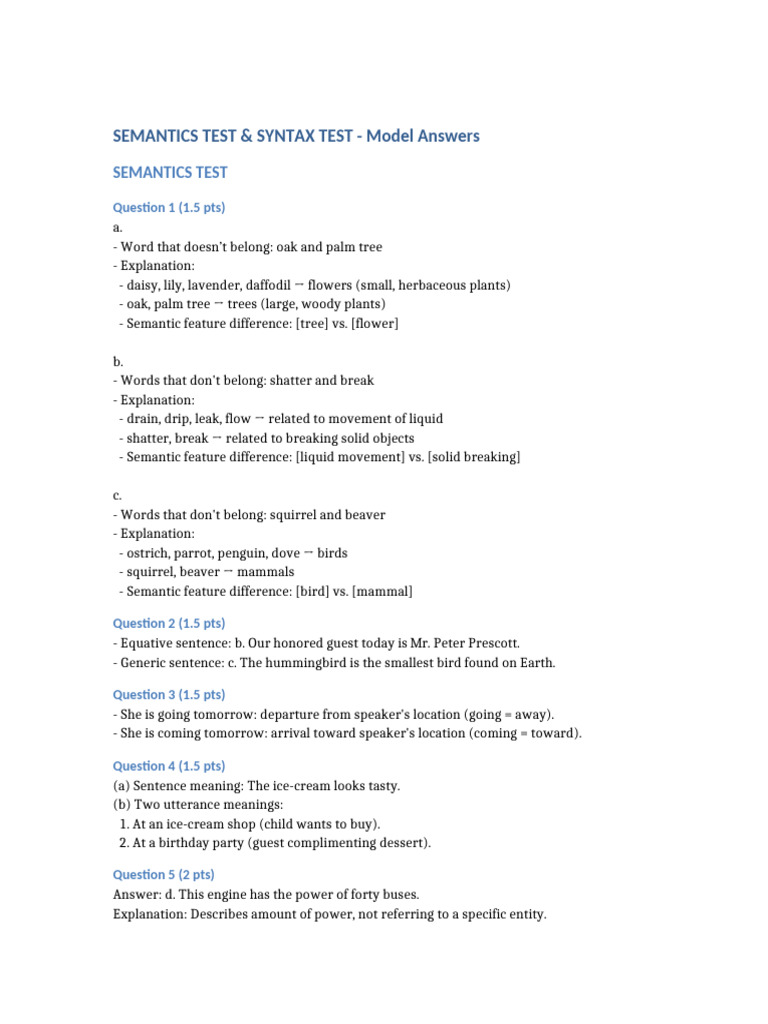 Semantics Syntax Test Model Answers | PDF | Semantics | Phrase