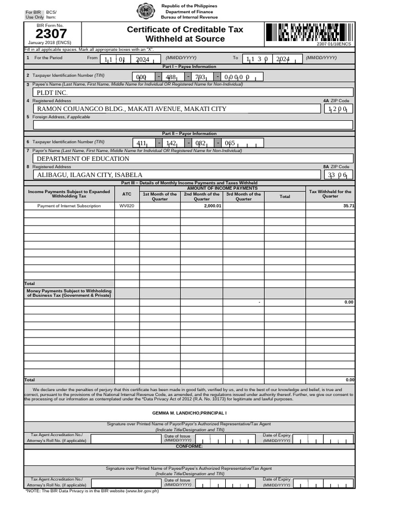 BIR Form 2307: Tax Withholding Certificate | PDF | Withholding Tax ...