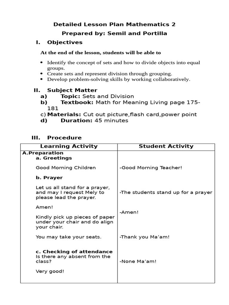 Lesson Plan: Sets and Division for Grade 2 | PDF | Division ...