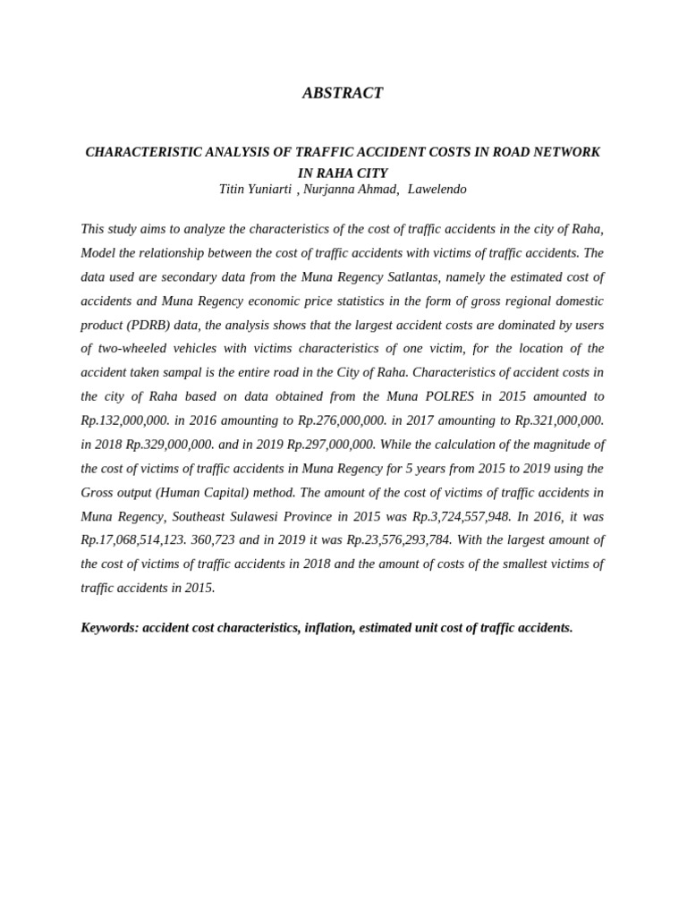 Traffic Accident Cost Analysis in Raha | PDF