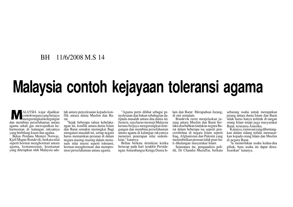 Malaysia Contoh Kejayaan Toleransi Agama  PDF