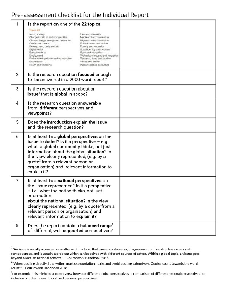 Individual Report Pre-Assessment Checklist | PDF | Citation | Science