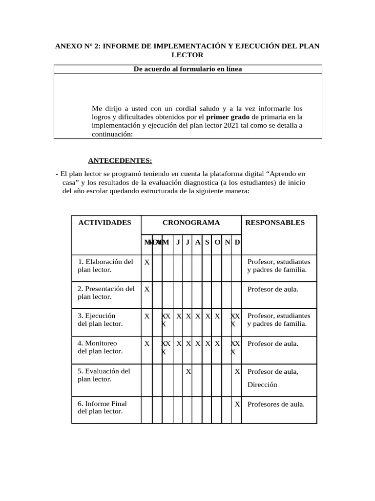 Informe Plan Lector 2021 Primer Grado | PDF | Maestros | Aprendizaje