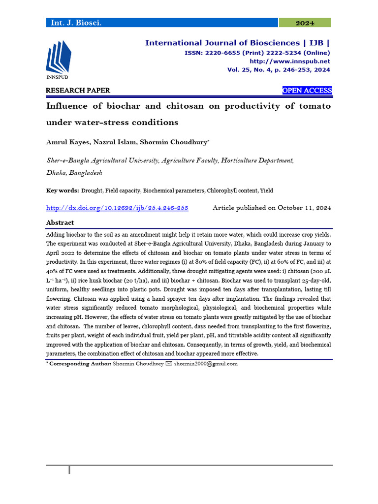 Influence of Biochar and Chitosan On Productivity of Tomato Under Water ...