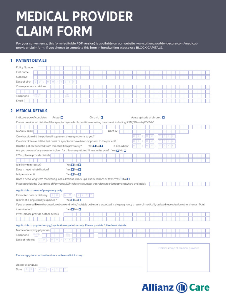 Allianz Medical Provider Claim Form | PDF | Chronic Condition | Physician