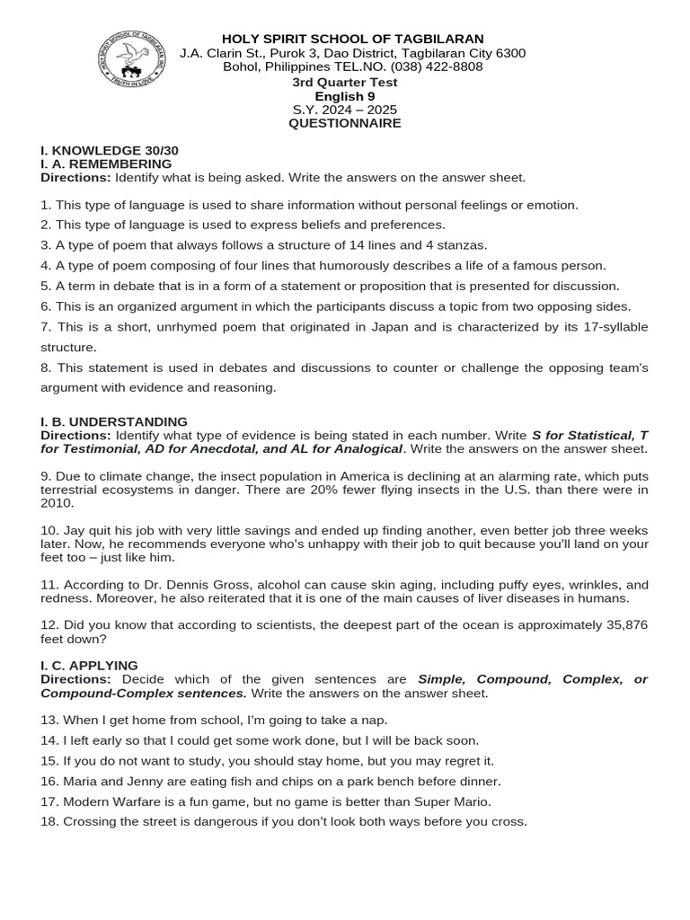 3rd Quarter Test in English 9 | PDF | Poetry