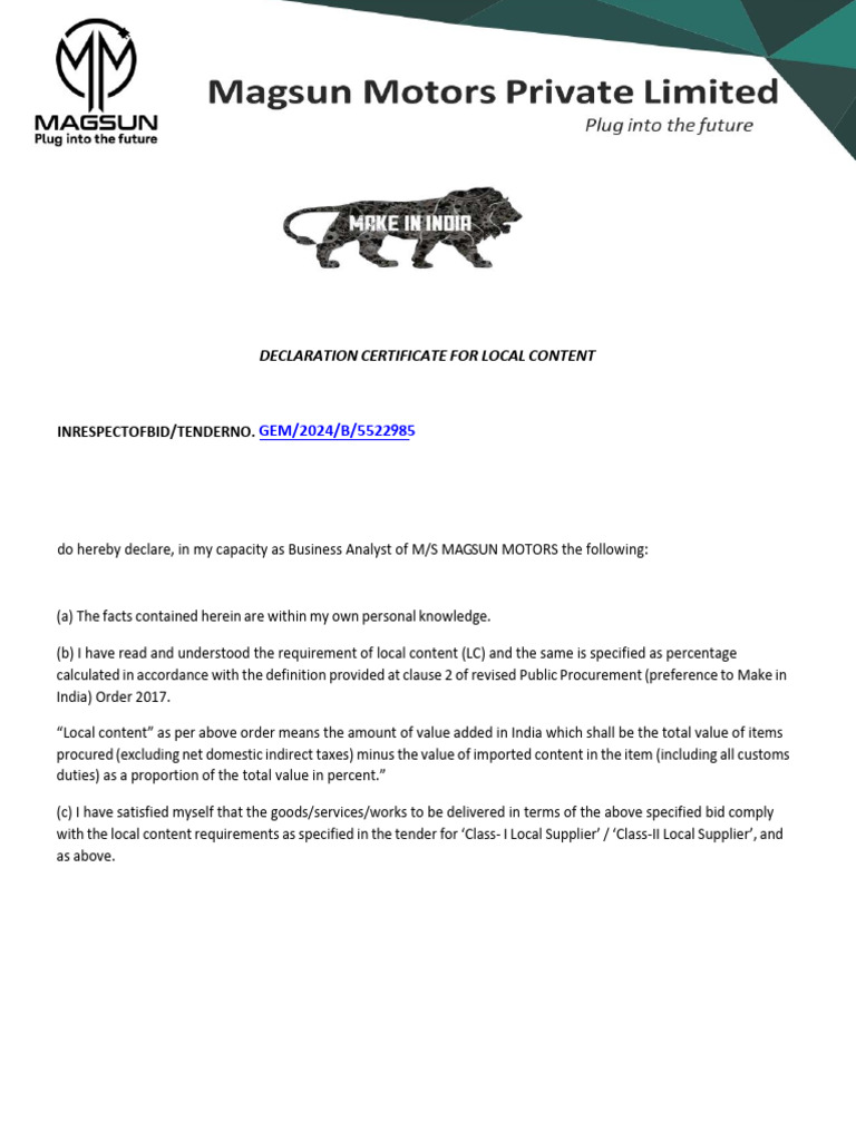 Declaration Certificate For Local Content: GEM/2024/B/5522 85 | PDF
