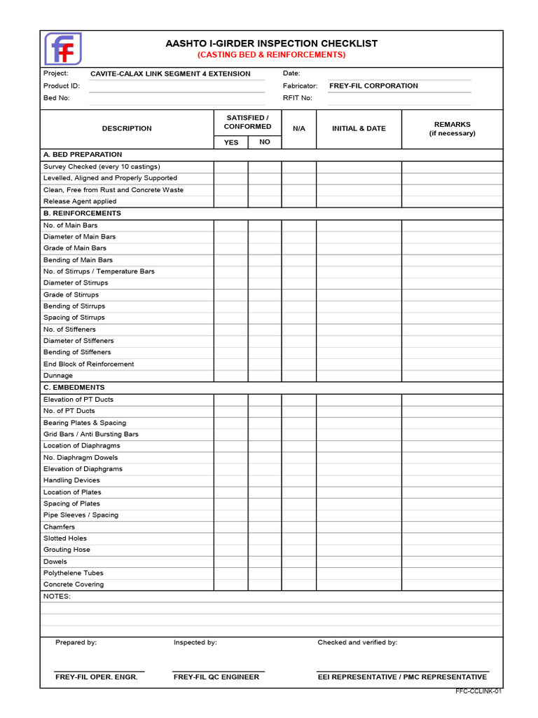 Casting Bed Inspection Checklist | PDF