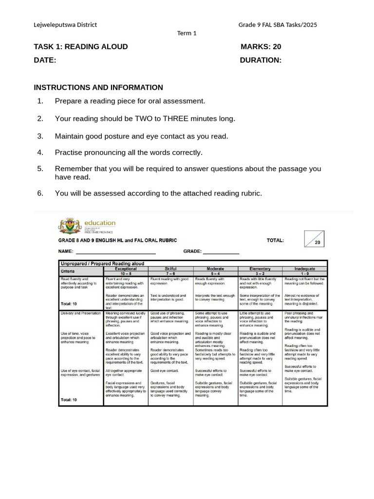 Grade 9 Fal Sba Tasks Term 1 2025 | PDF | Paragraph | Vocabulary