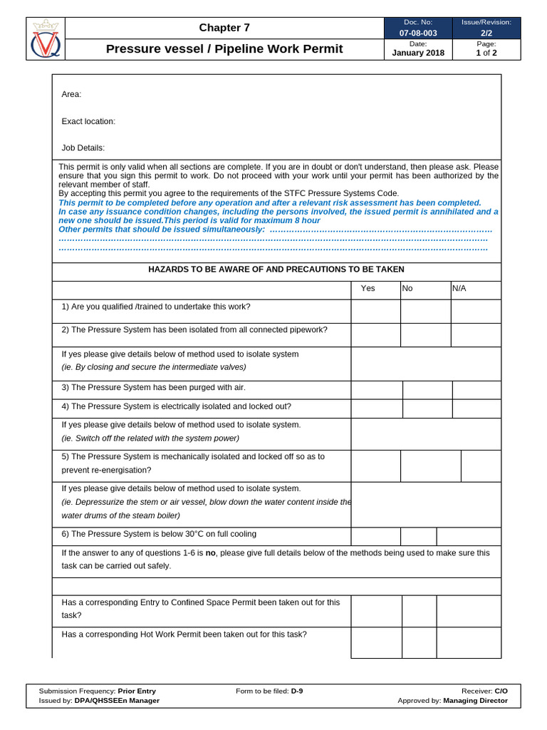 Pressure Vessel Work Permit Guidelines | PDF | Safety