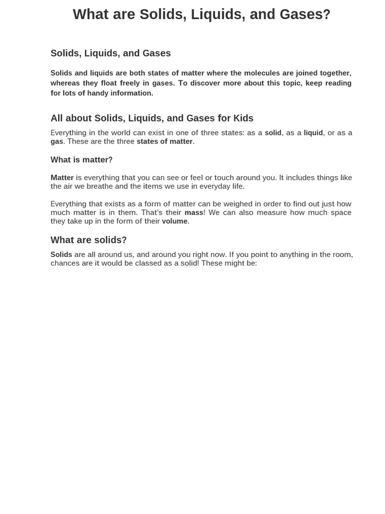 What Are Solids, and Liquids, and Gases - Science For Kids | PDF ...