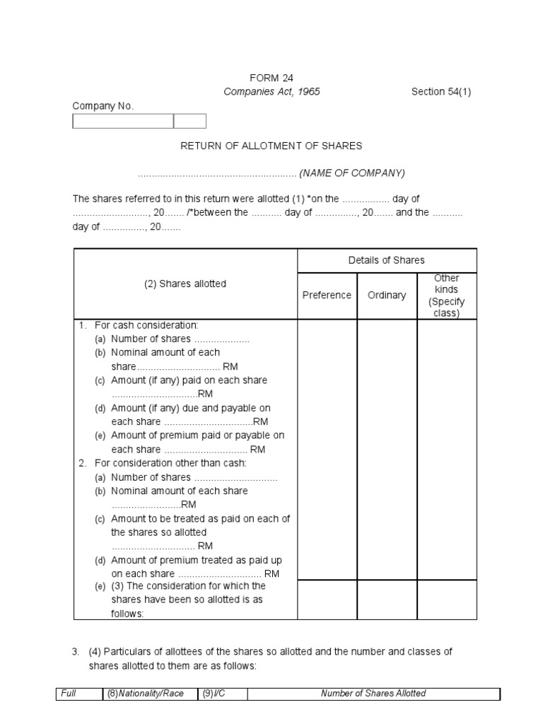 Form 24 Return of Allotment of Shares | Virtue | Politics