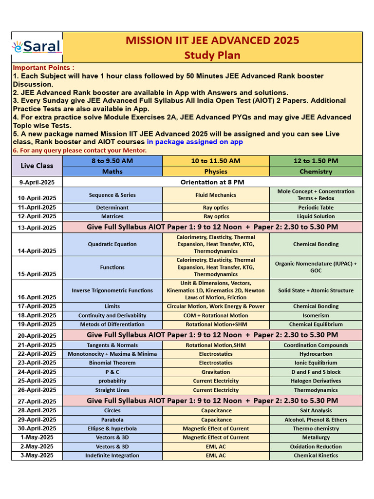 Mission IIT JEE Advanced 2025 Live Class Plan | PDF | Chemistry | Heat