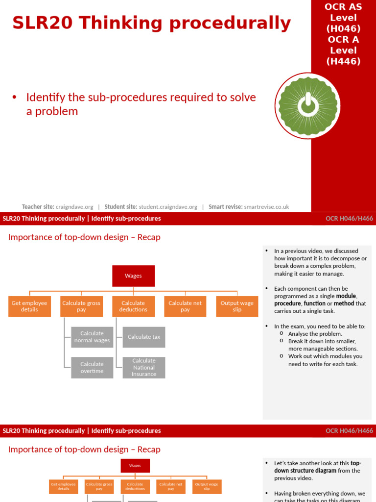 127. OCR a Level (H046-H446) SLR20 - 2.1 Identify Sub Procedures | PDF ...