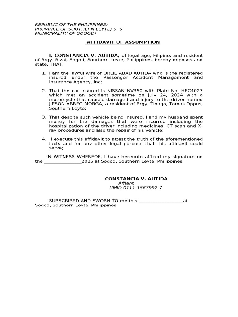 Affidavit of Assumption in Sogod, Leyte | PDF