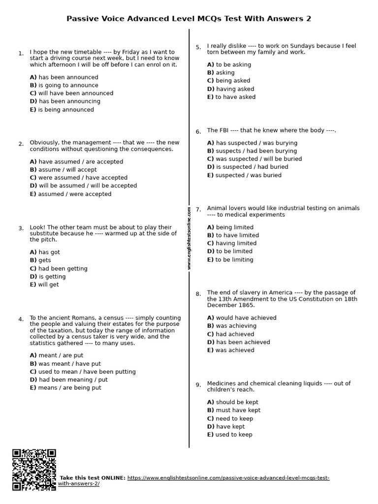 Advanced Passive Voice MCQs Test | PDF | Multiple Choice