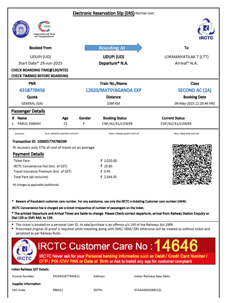 12620/matsyaganda Exp Second Ac (2A) | PDF | Identity Document | Payments