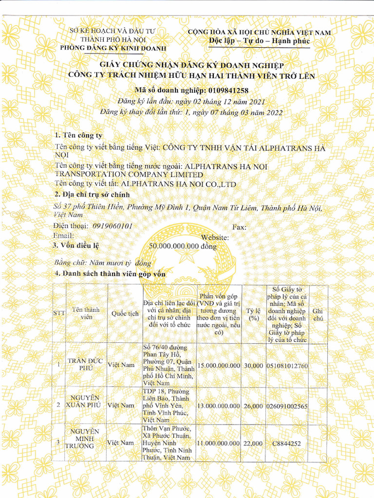 (1) ĐKKD - Alphatrans Hà Nội | PDF