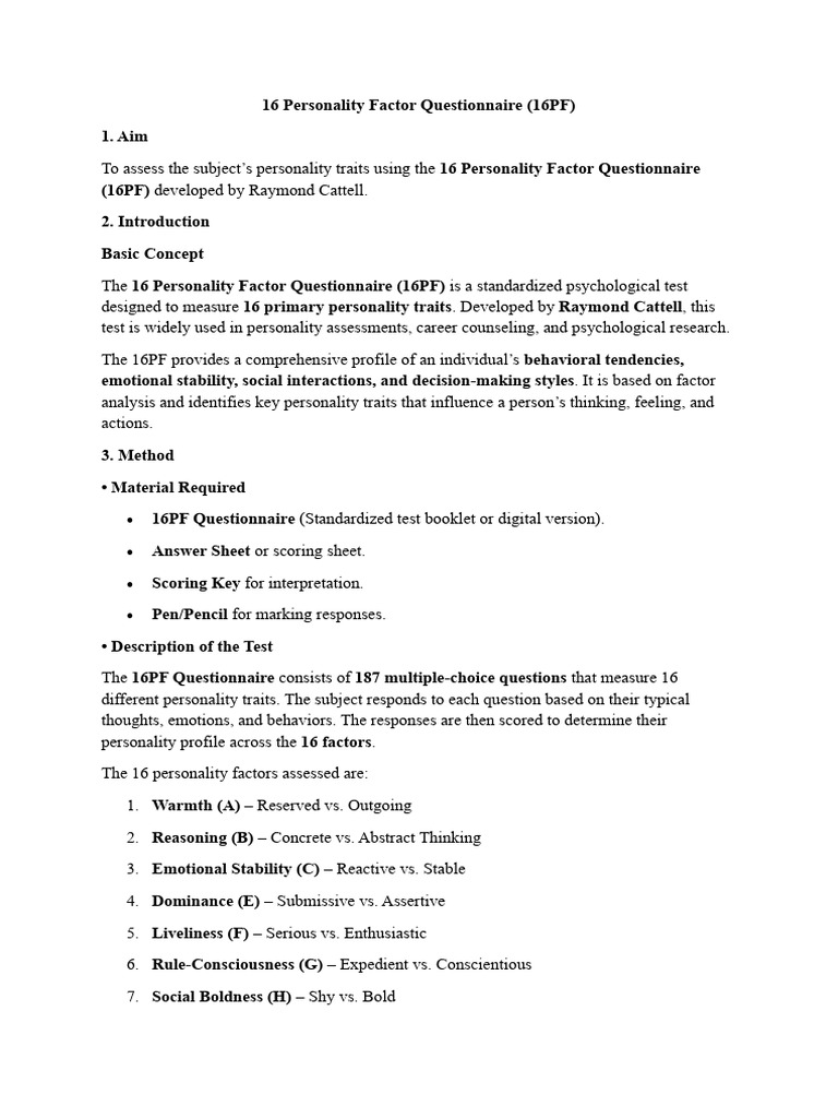 16PF Personality Assessment Overview | PDF | Cognition | Social Psychology