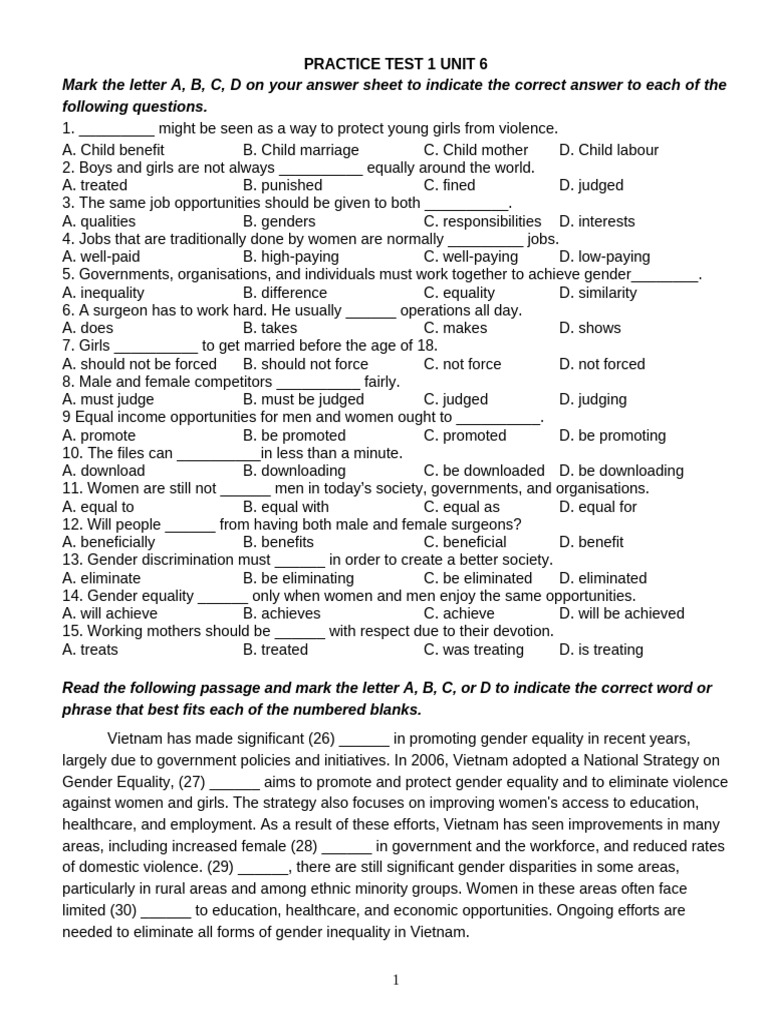 Gender Equality Practice Test Questions | PDF | Wedding | Bride