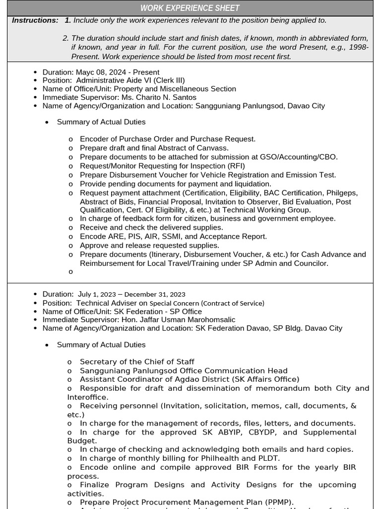 Work Experience Sheet Template | PDF