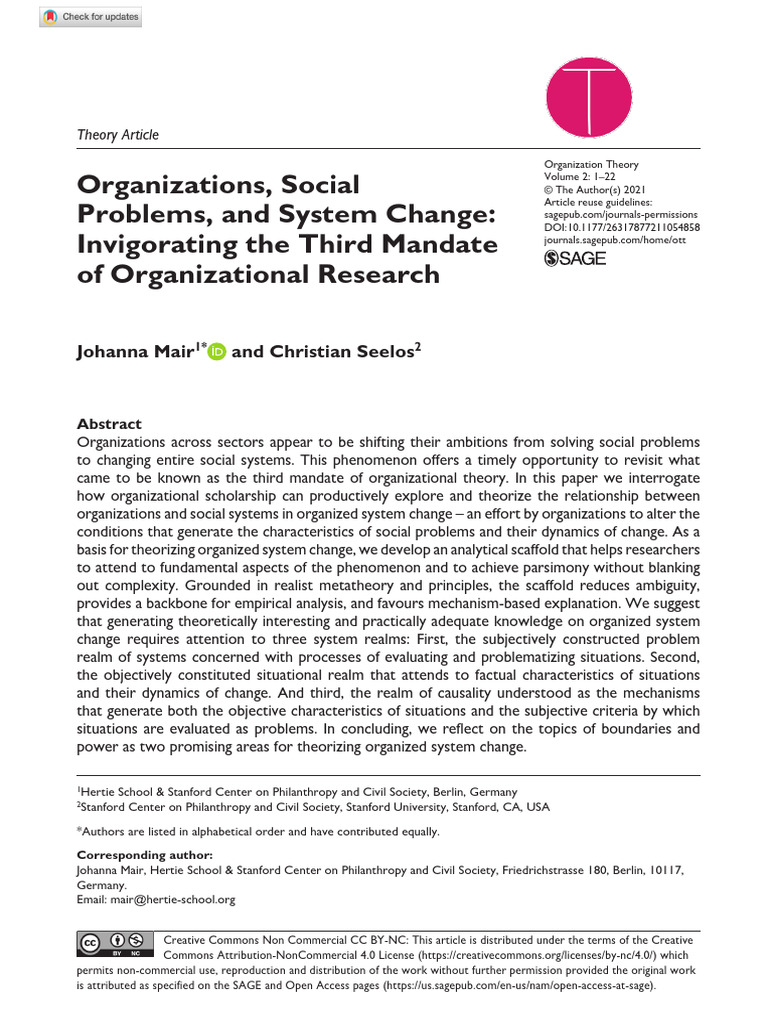 Organizations, Social Problems, and System Change (Invigorating The ...