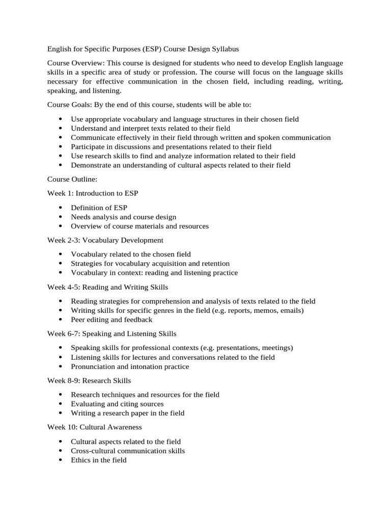 ESP Course Design Syllabus | PDF | Educational Assessment | Language ...